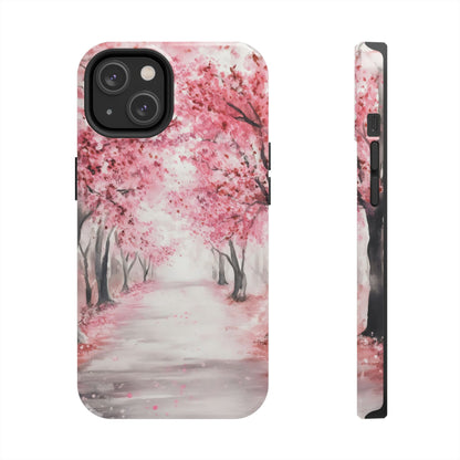 Phone case with watercolor pink cherry blossom trees and peaceful pathway design