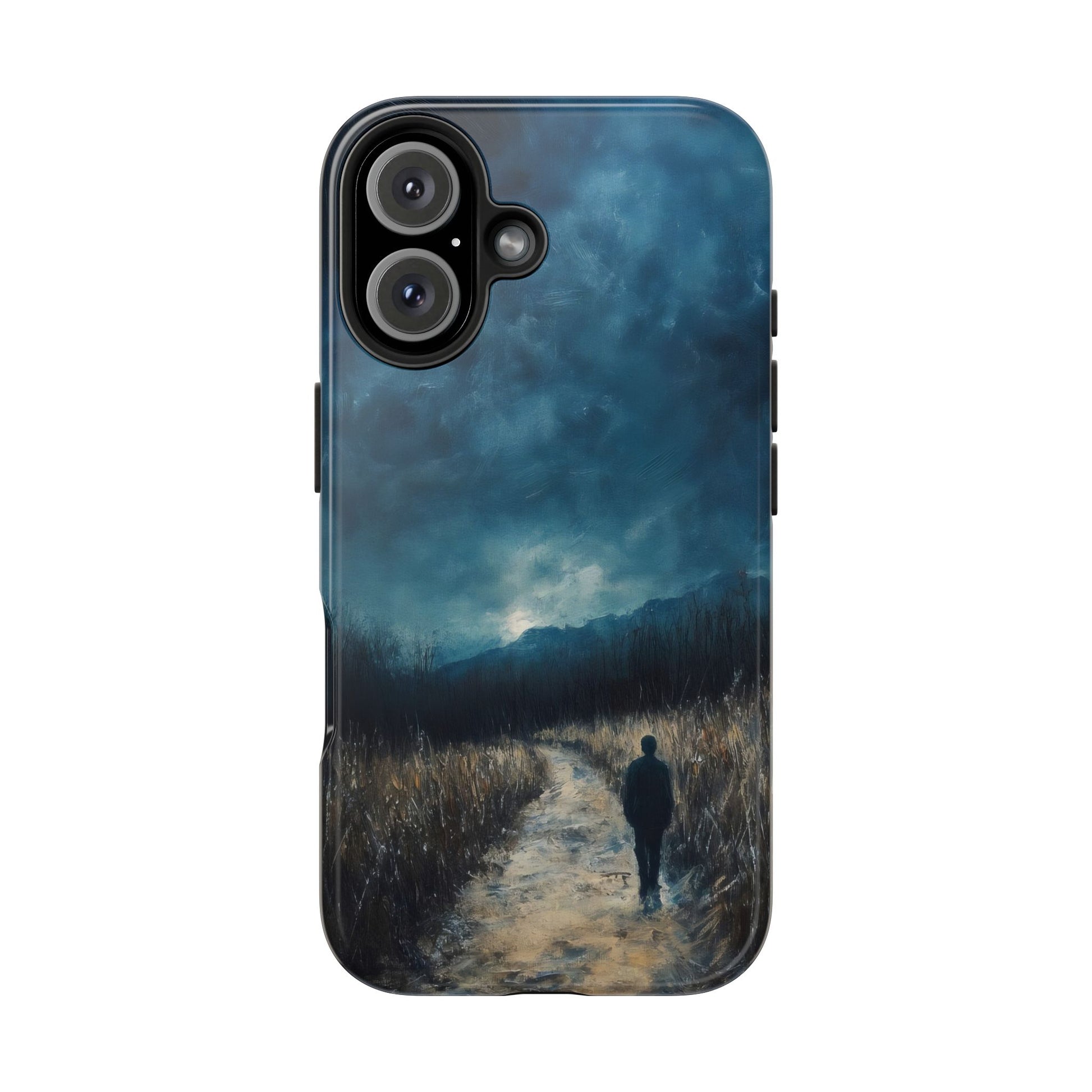 Phone case with silhouette walking on a path under moody blue sky and mountain landscape