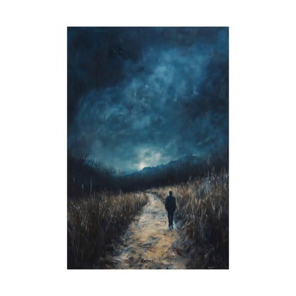 Moody Christian wall art featuring a person walking on a path at dusk under a dramatic sky