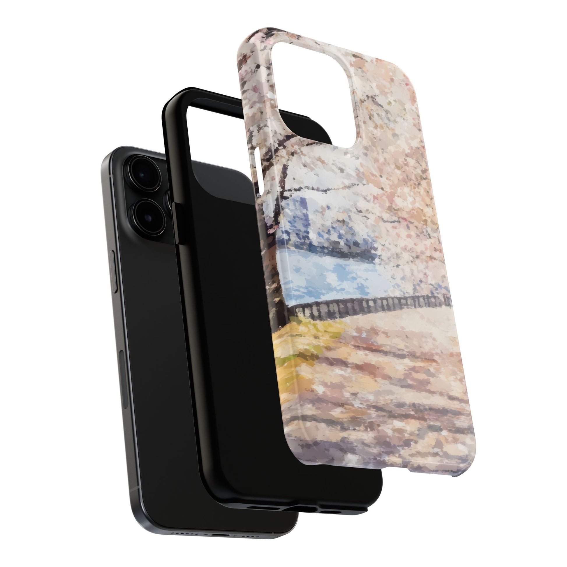 Christian art phone case with abstract pastel landscape design, shown on a smartphone