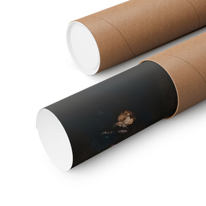 Rolled Christian wall art print with dark background in cardboard shipping tube