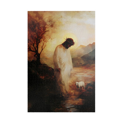 Religious jigsaw puzzle featuring Jesus with a lamb at sunset