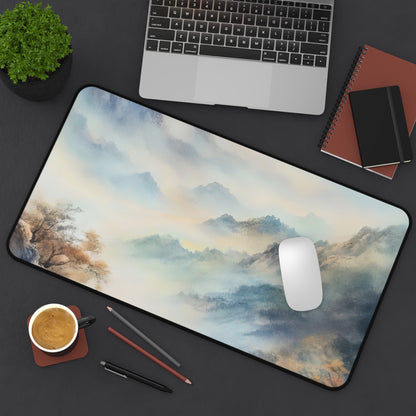 Desk setup with a scenic mouse pad, laptop, notebook, and coffee cup.