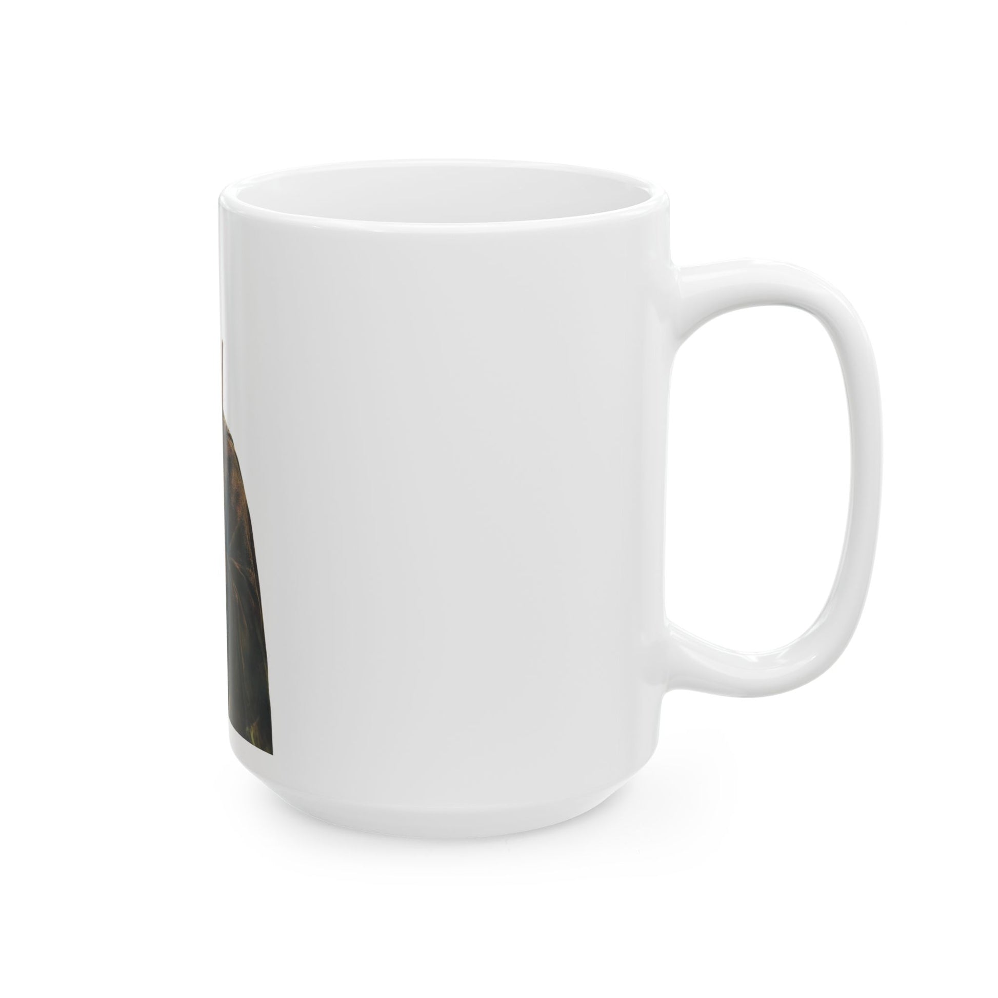 White ceramic mug with partial spiritual or Christian design on side