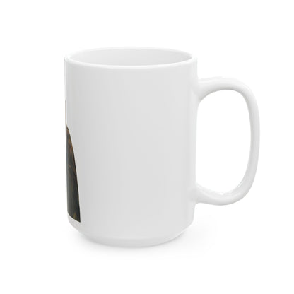 White ceramic mug with partial spiritual or Christian design on side