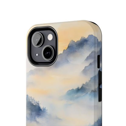 Phone case with tranquil mountain landscape in blue and soft yellow watercolor design