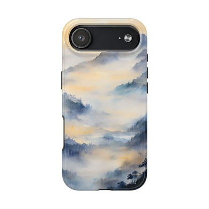 Phone case with serene watercolor mountain landscape and misty forest design