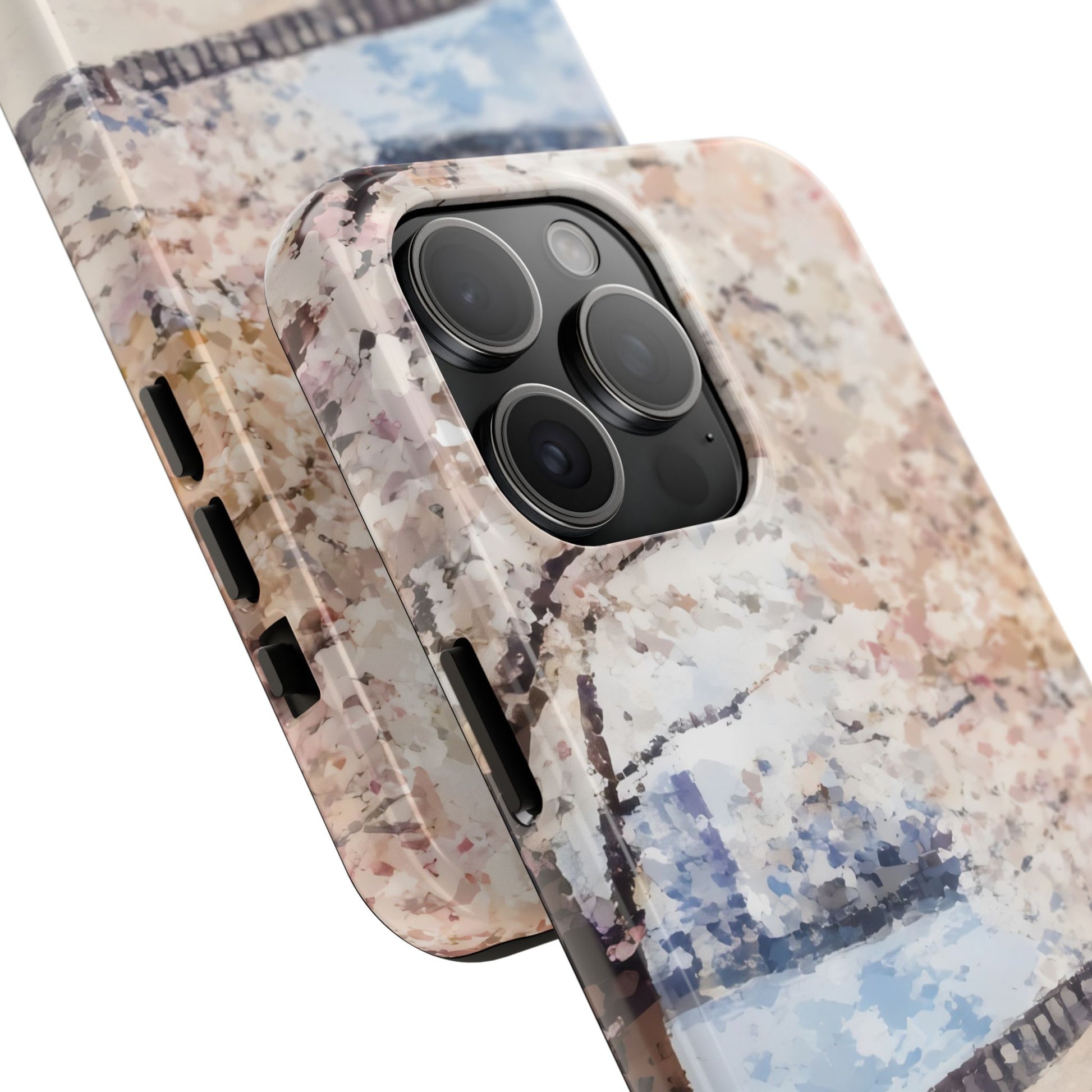 iPhone case with abstract pastel floral art design, closeup of camera and soft colors