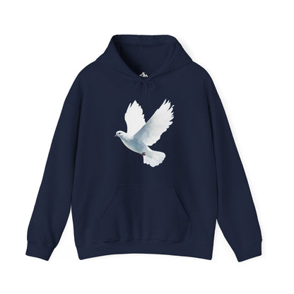 Navy blue hoodie with white dove graphic, Christian faith-inspired apparel
