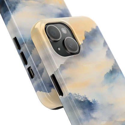 Phone case with serene watercolor mountain and sky landscape in soft blue and yellow tones