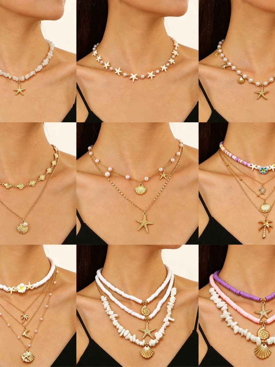 Layered Shell Pearl Starfish Pendant Bohemian Necklace – product view 1