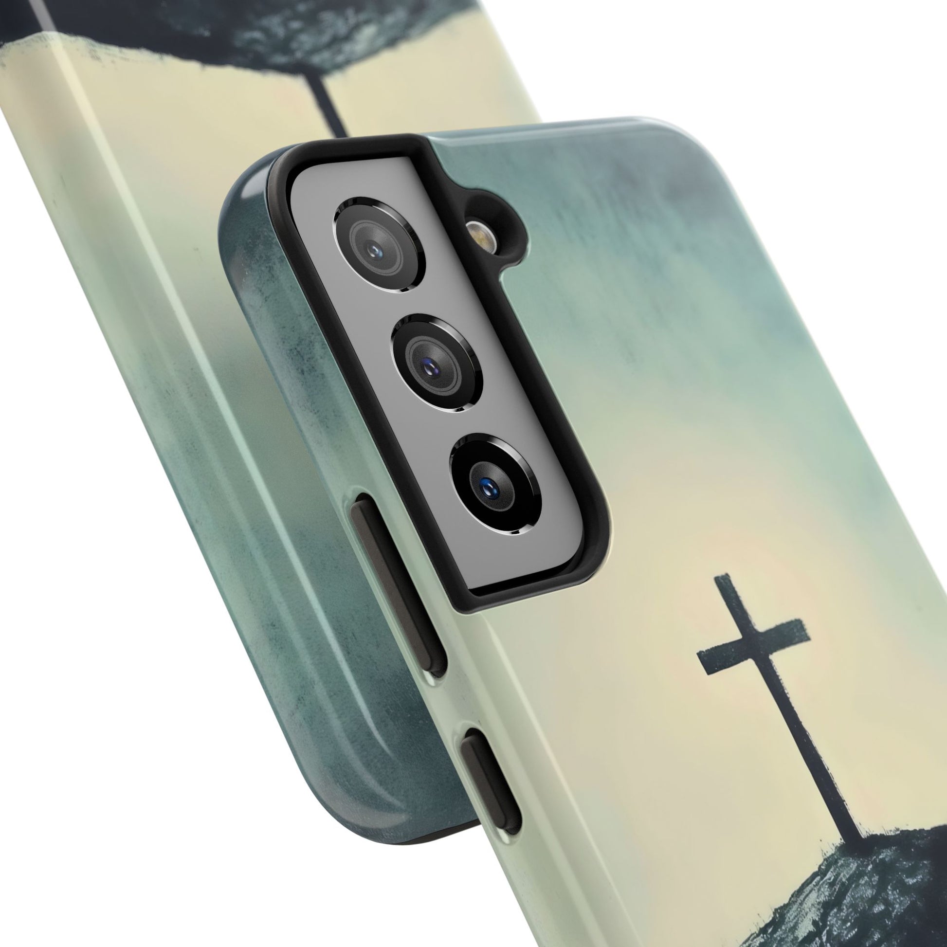 Christian phone case with black cross on a hill, spiritual faith-inspired design