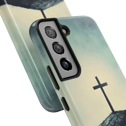 Christian phone case with black cross on a hill, spiritual faith-inspired design