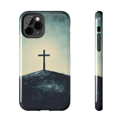 Christian cross on hill phone case, inspirational faith art design, spiritual accessory