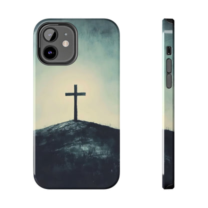 Christian phone case with a cross on a hill, minimalist spiritual design