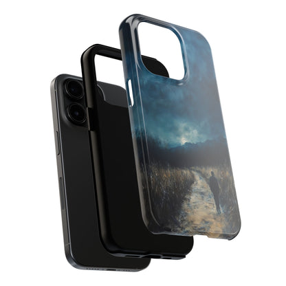 Christian phone case with spiritual landscape art, person walking on path under dramatic sky