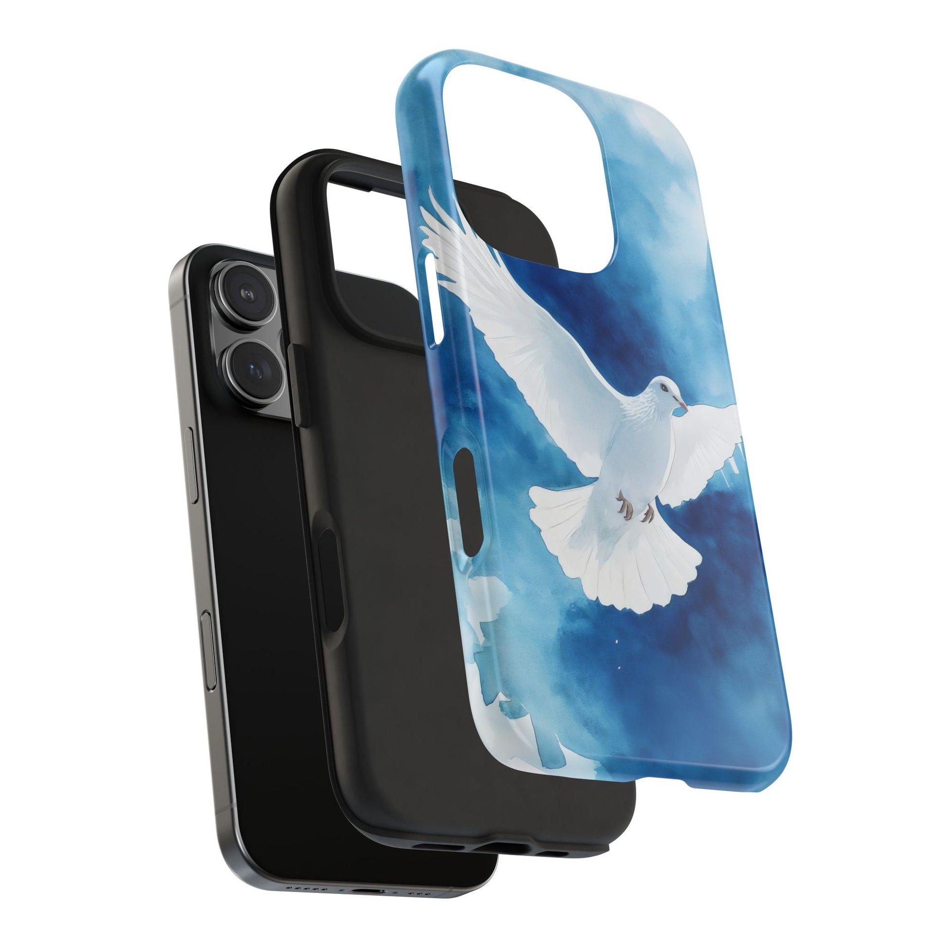 Phone case with white dove and blue sky design, faith-inspired Christian accessory