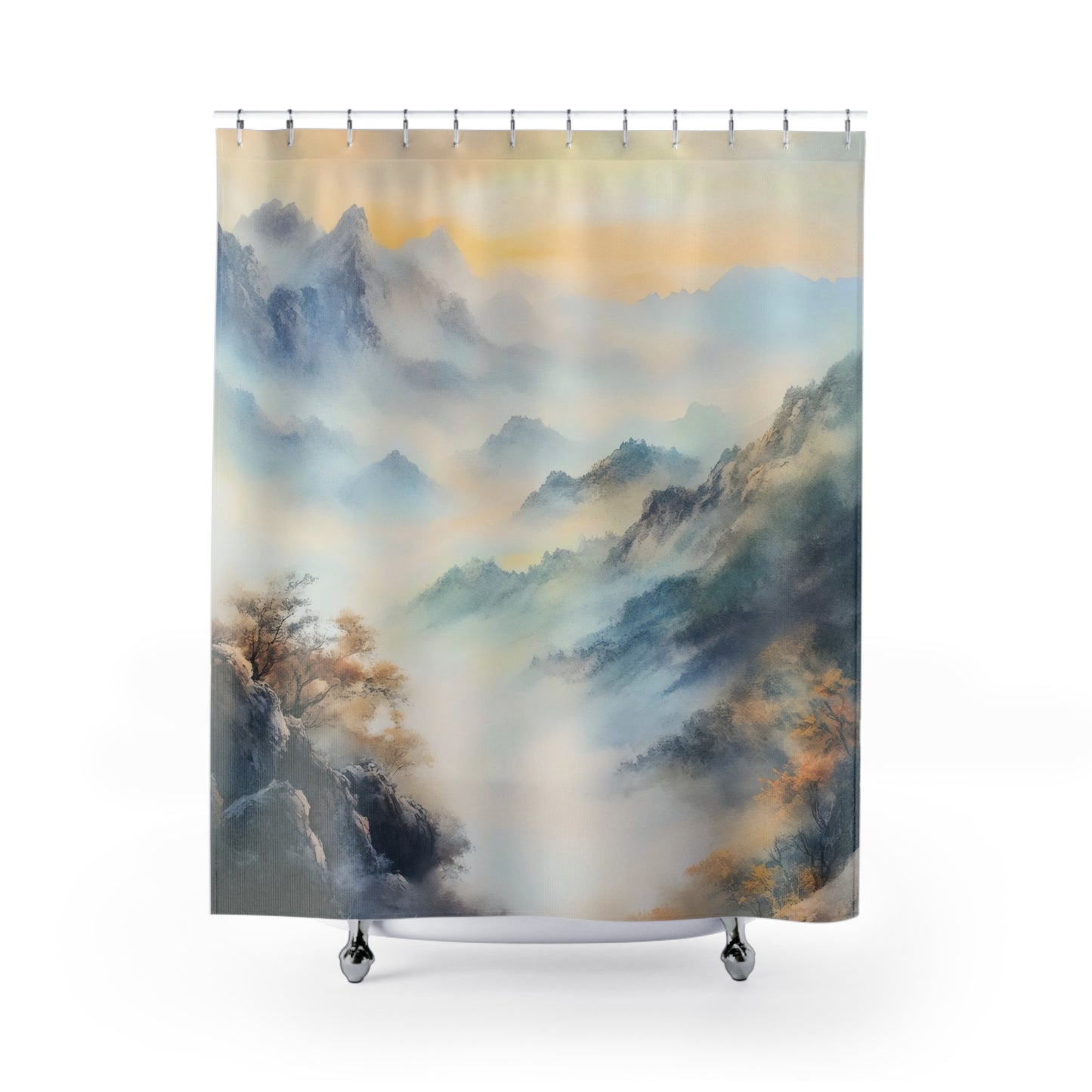 Shower curtain featuring serene misty mountain landscape with pastel colors and trees