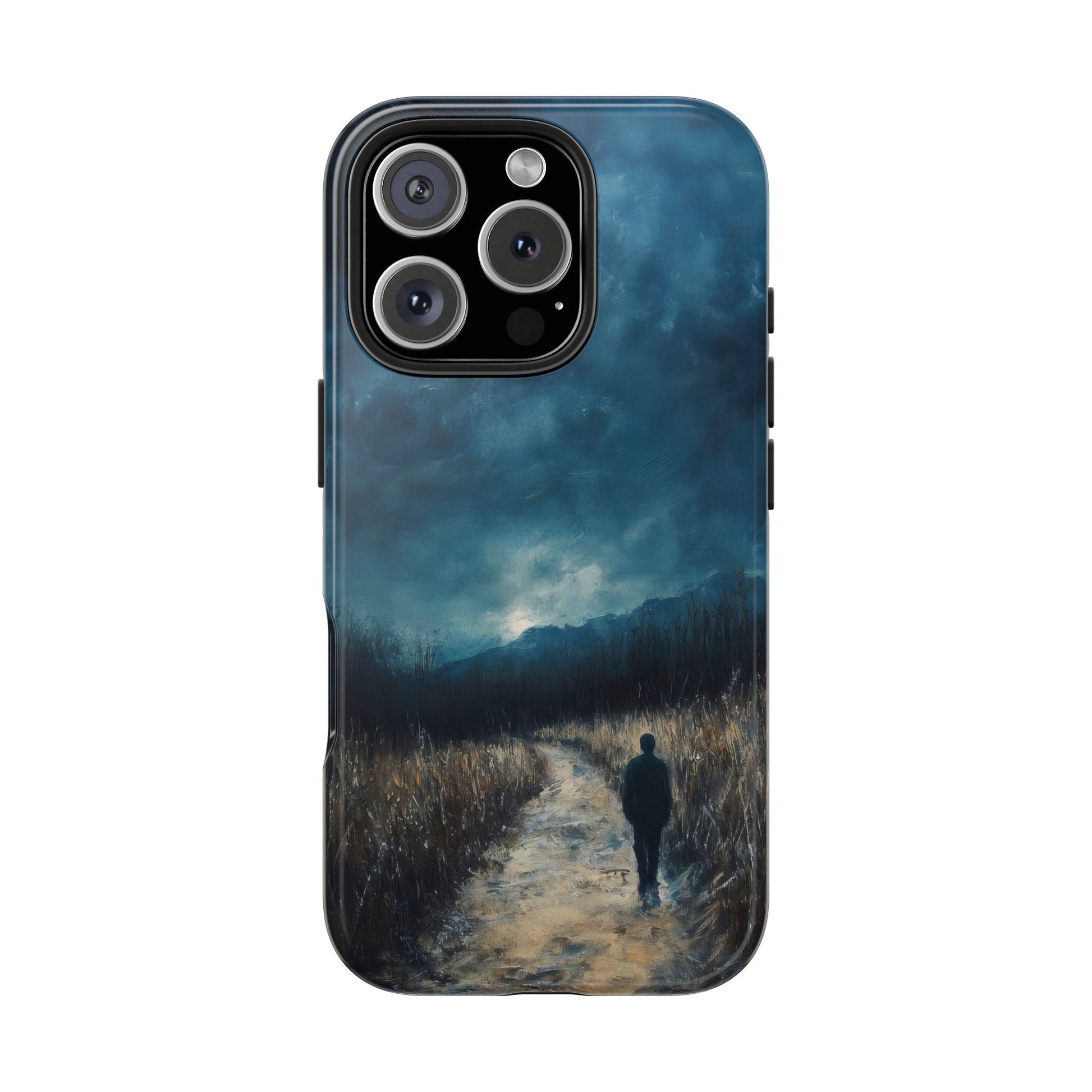 Phone case with silhouette walking on a winding path at dusk, spiritual landscape design.
