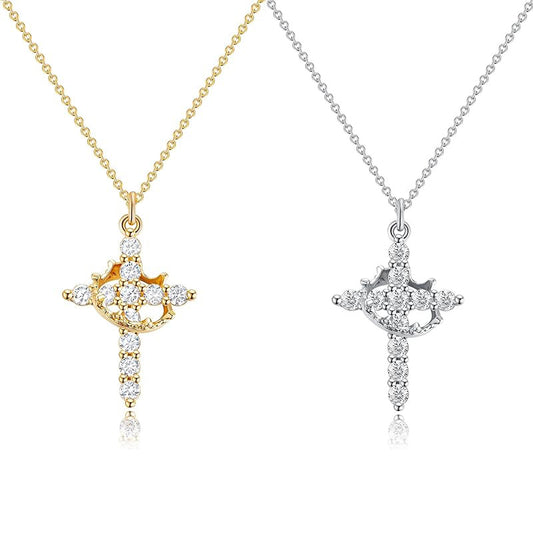 Gold-tone and silver-tone crown cross necklaces shown together