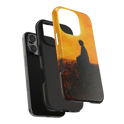 Phone case with contemplative silhouette art against a warm yellow sunset background