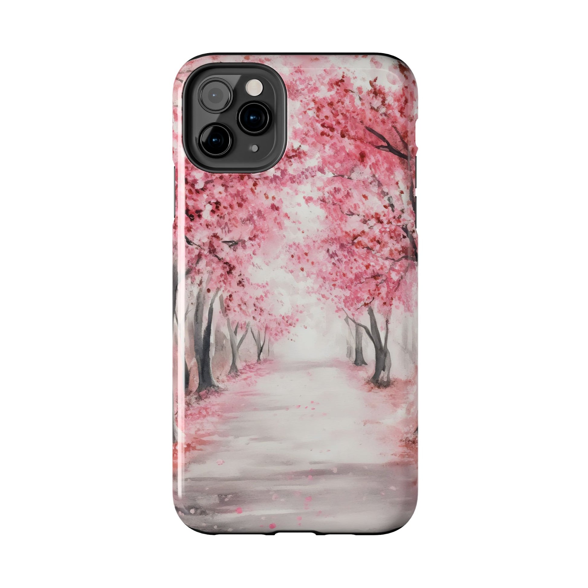 Phone case with serene cherry blossom trees in pink, peaceful misty path design