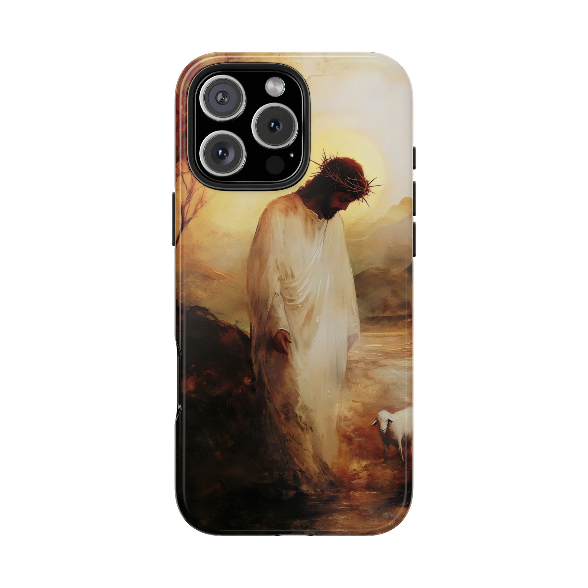 Christian phone case with Jesus in white robe and crown of thorns beside a lamb
