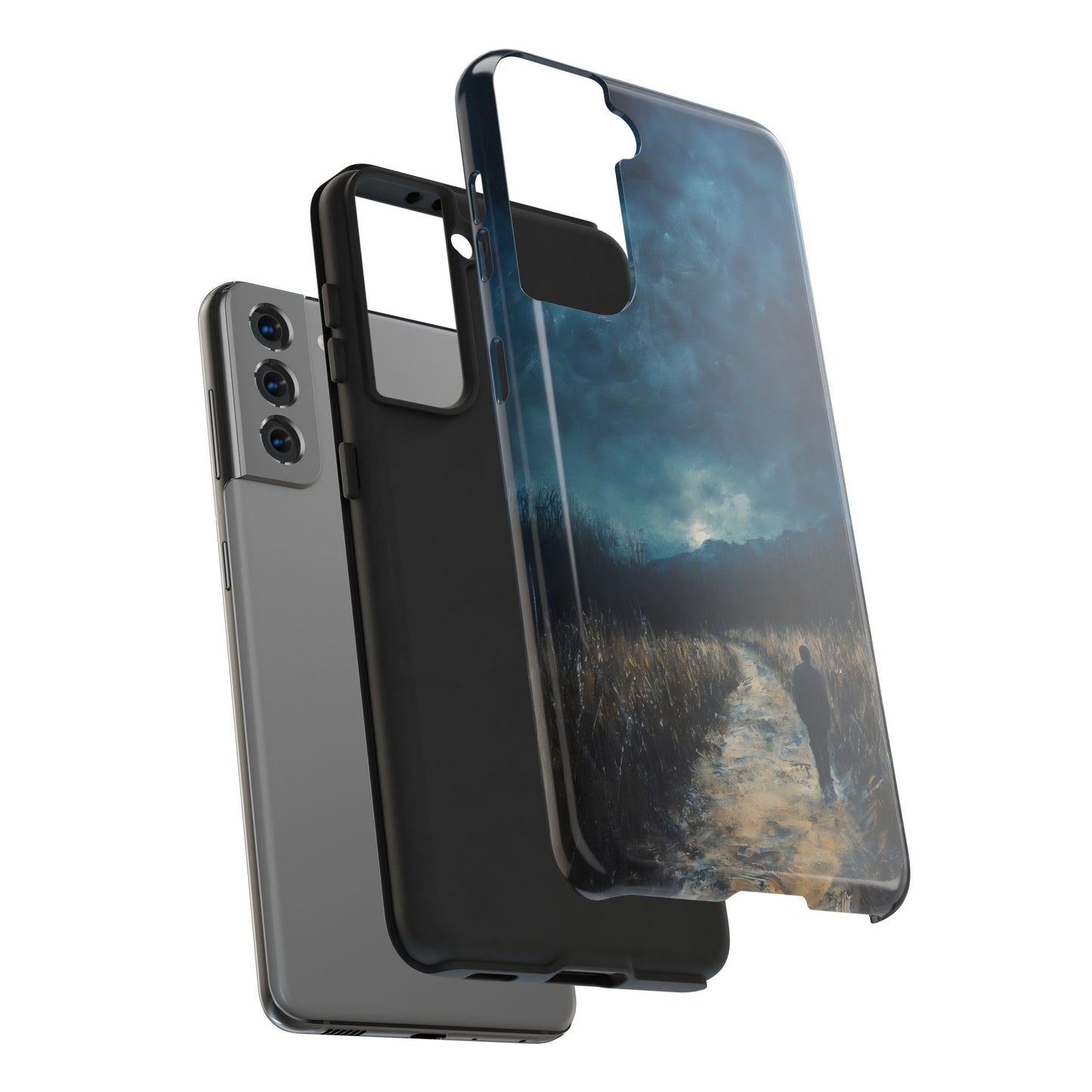 Christian phone case with a contemplative landscape path design and moody sky