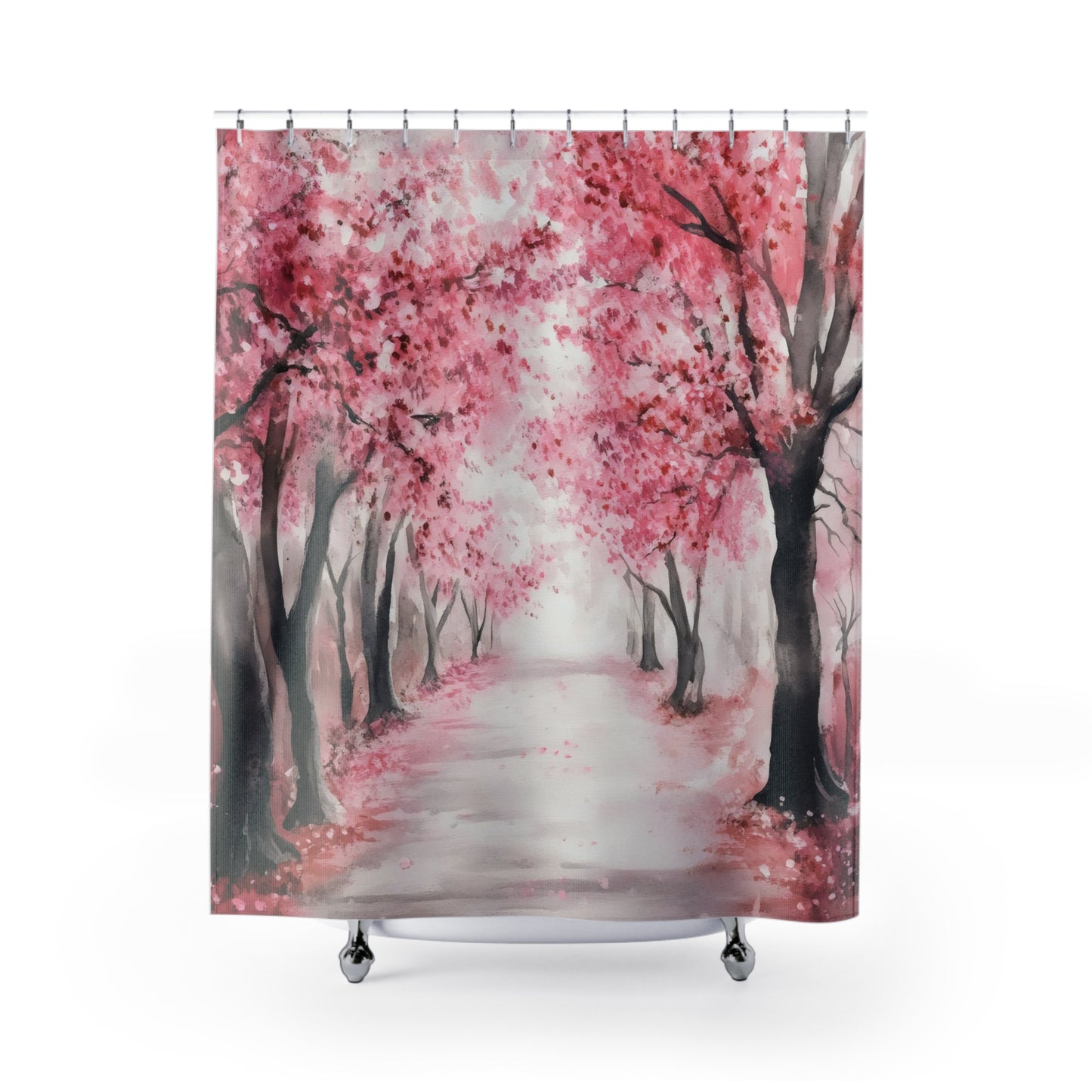 Pink cherry blossom tree shower curtain with watercolor path design, serene home decor accent.