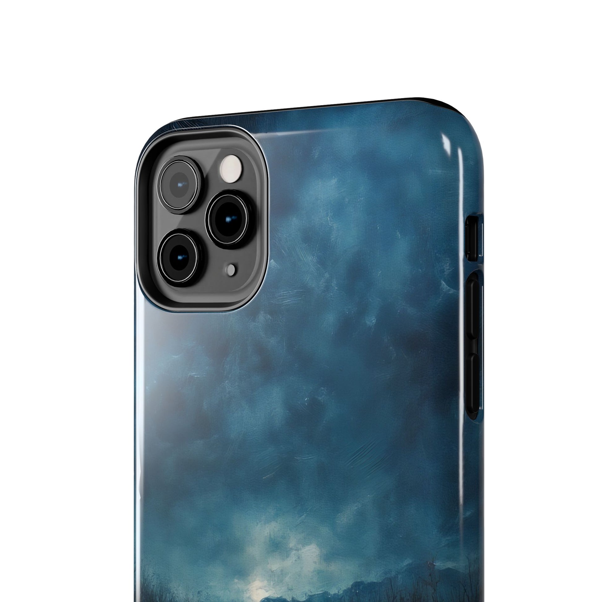 Blue cloudy sky art phone case with subtle landscape, mindfulness and faith-inspired design