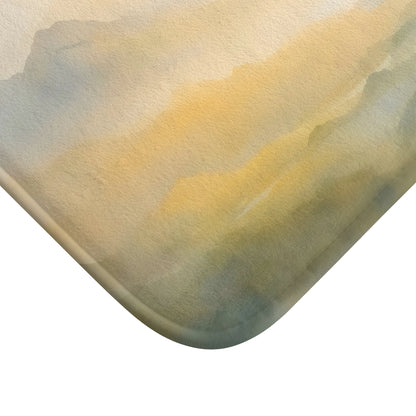 Pastel abstract watercolor bath mat with soft yellow and blue gradient design, corner detail
