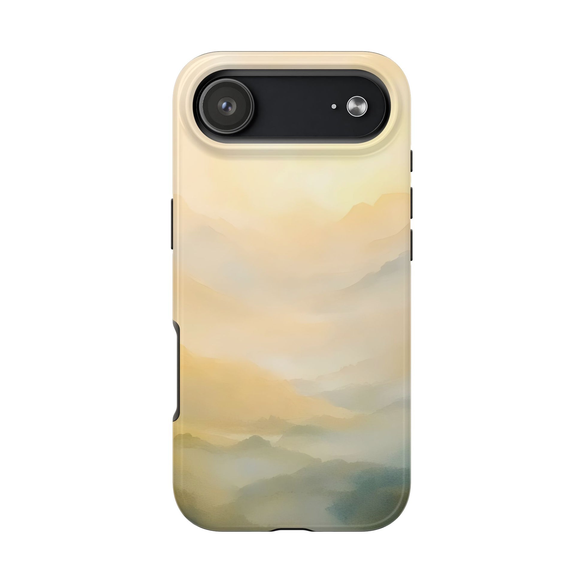 Phone case with serene, pastel mountain landscape watercolor design, minimalist style