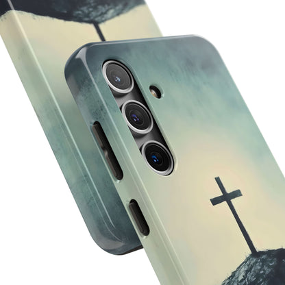 Christian phone case with cross on hilltop, spiritual minimalist design, faith-inspired accessory