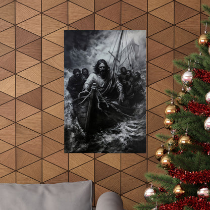 Black and white Christian wall art of Jesus calming storm with disciples on boat, modern living room decor with Christmas tree.