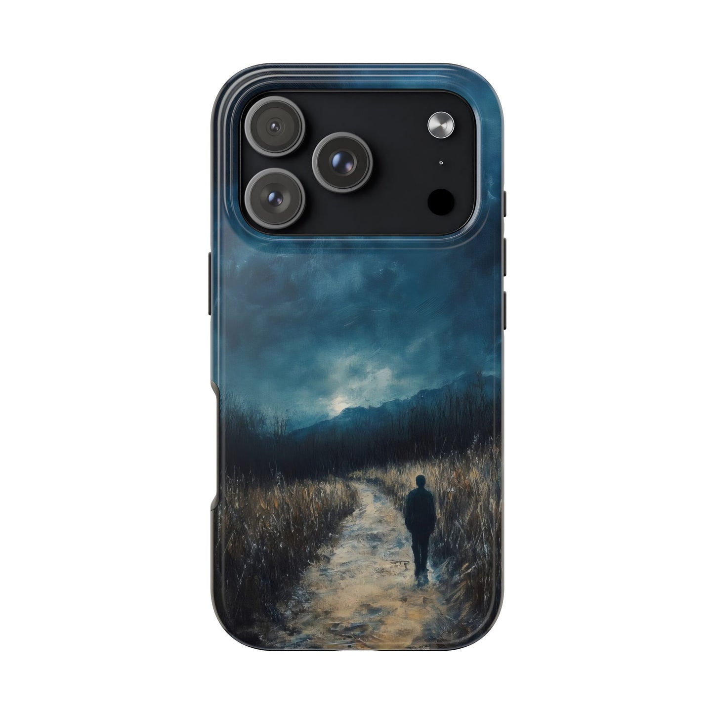 Phone case with serene landscape art of a person walking on a path at dusk, mountains in background