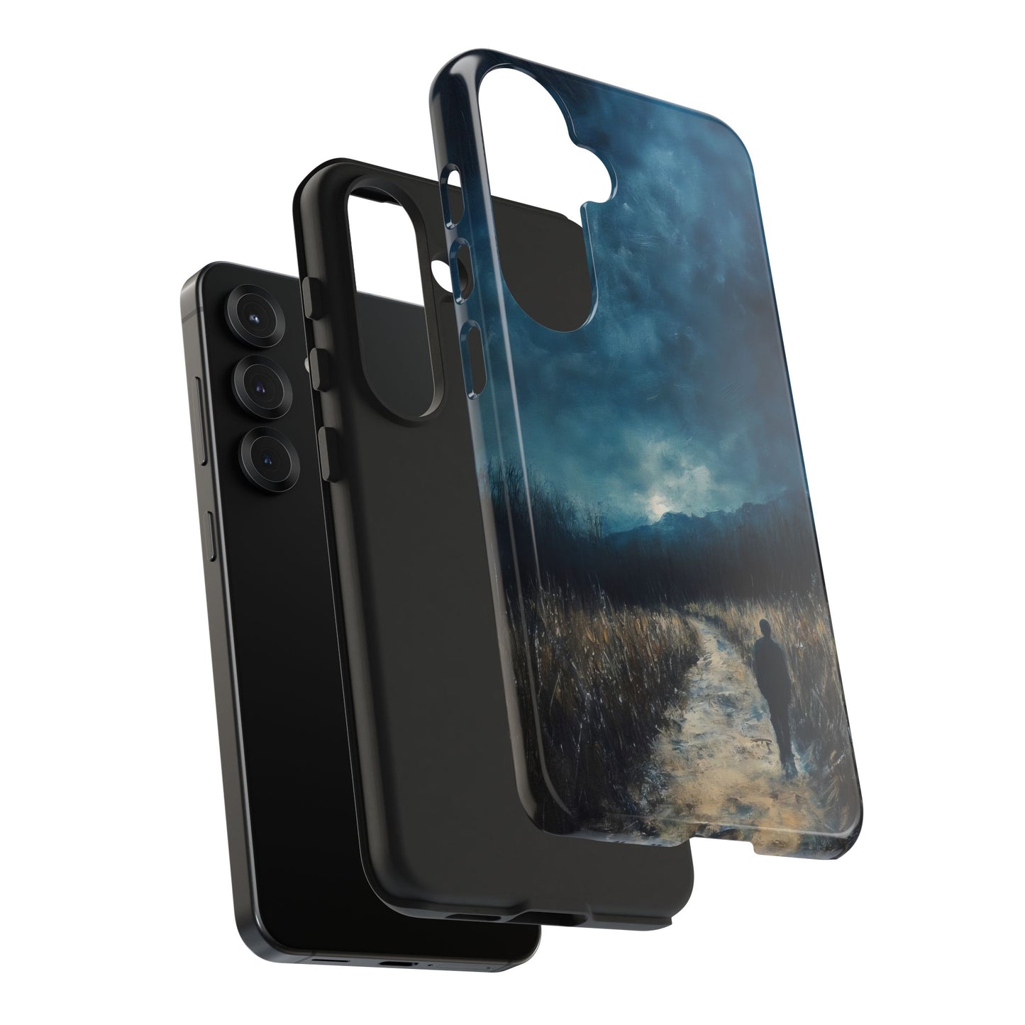 Christian phone case with a spiritual landscape design, silhouette walking on a path under a dramatic sky