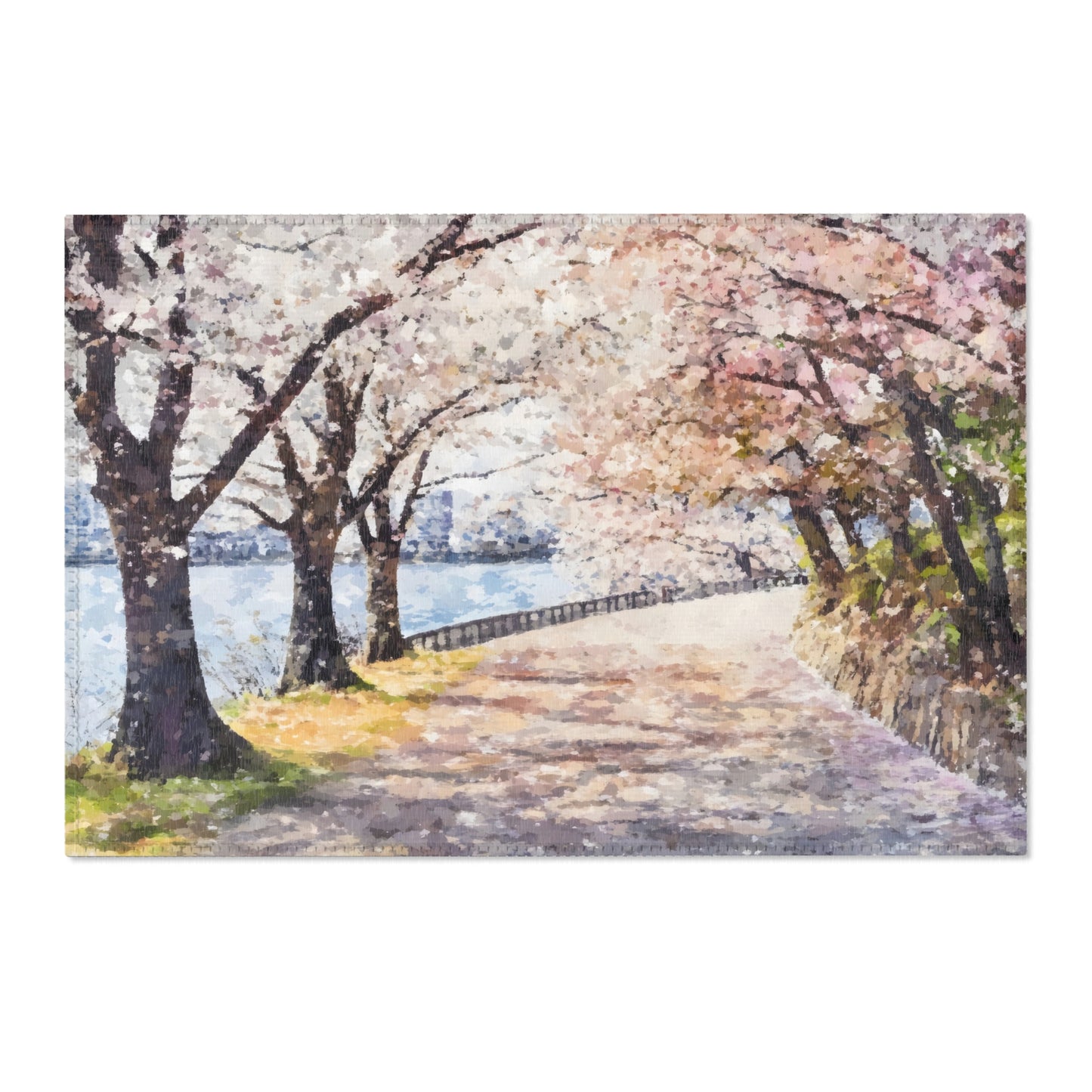 Impressionist wall art of a riverside path lined with blooming cherry blossom trees