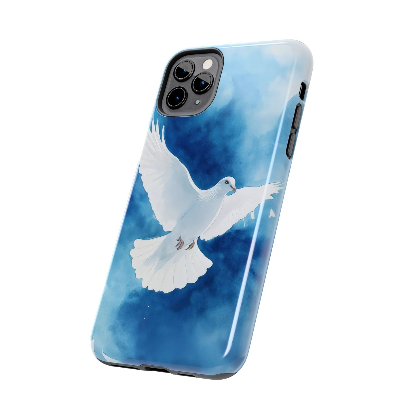 Phone case with white dove illustration on blue watercolor background, faith-inspired design