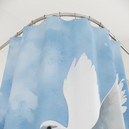Blue shower curtain with white dove illustration, Christian home decor, peaceful bathroom accent
