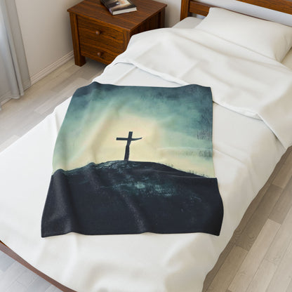 Cross on Hill Velveteen Plush Blanket — blanket displayed on a bed