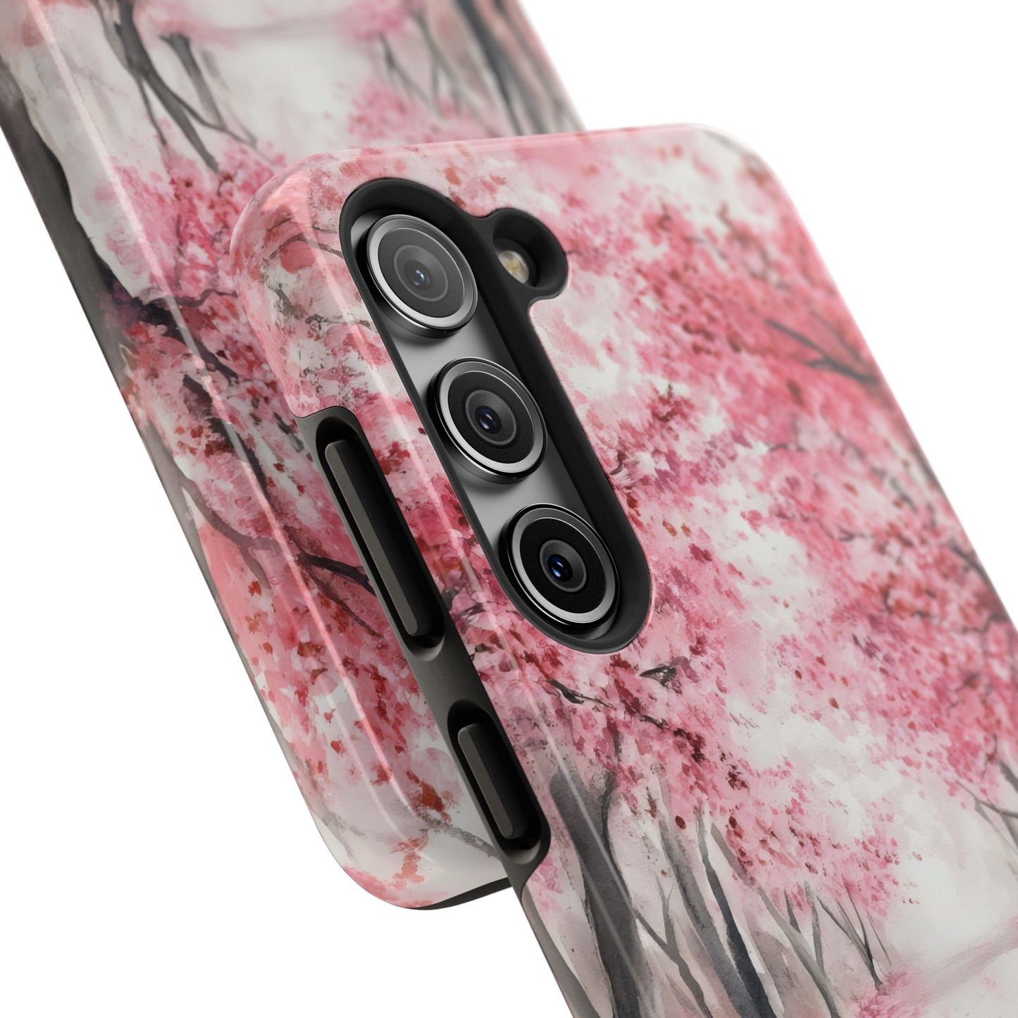 Phone case with pink cherry blossom tree design, floral Christian accessories