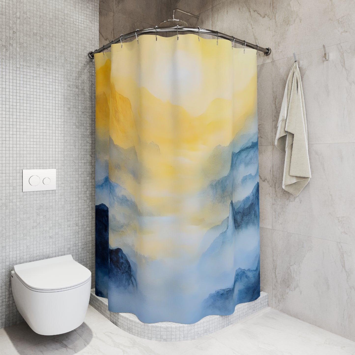 Modern bathroom with abstract watercolor mountain shower curtain in yellow and blue tones
