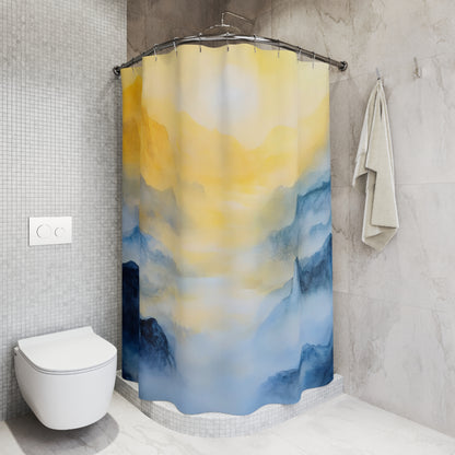 Modern bathroom with abstract watercolor mountain shower curtain in yellow and blue tones