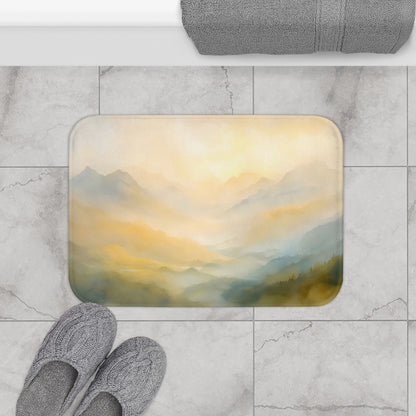 Bathroom floor mat with soft yellow and blue watercolor mountain landscape, gray tiles, cozy slippers