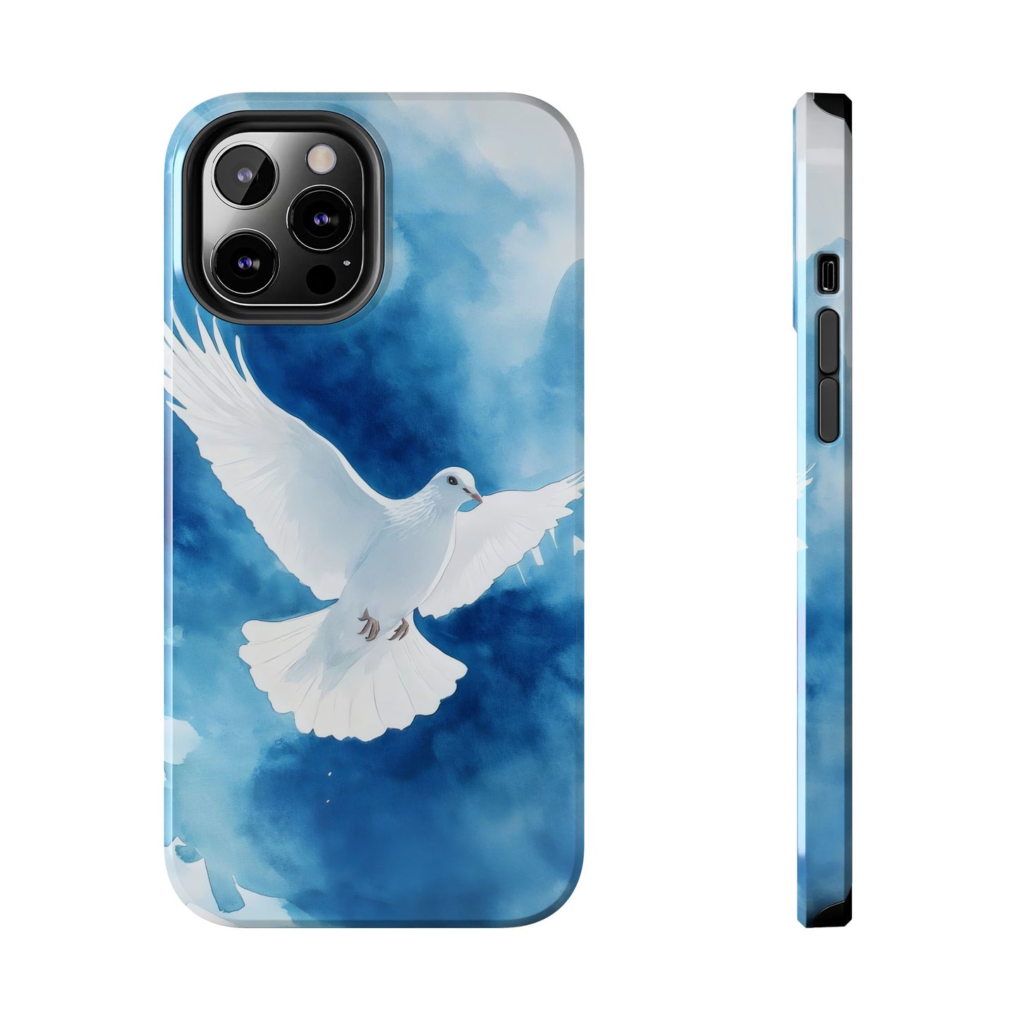 Christian phone case with white dove illustration on blue watercolor background