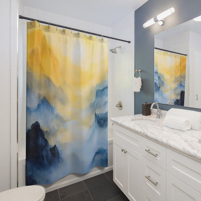 Modern bathroom with blue and yellow abstract mountain landscape shower curtain