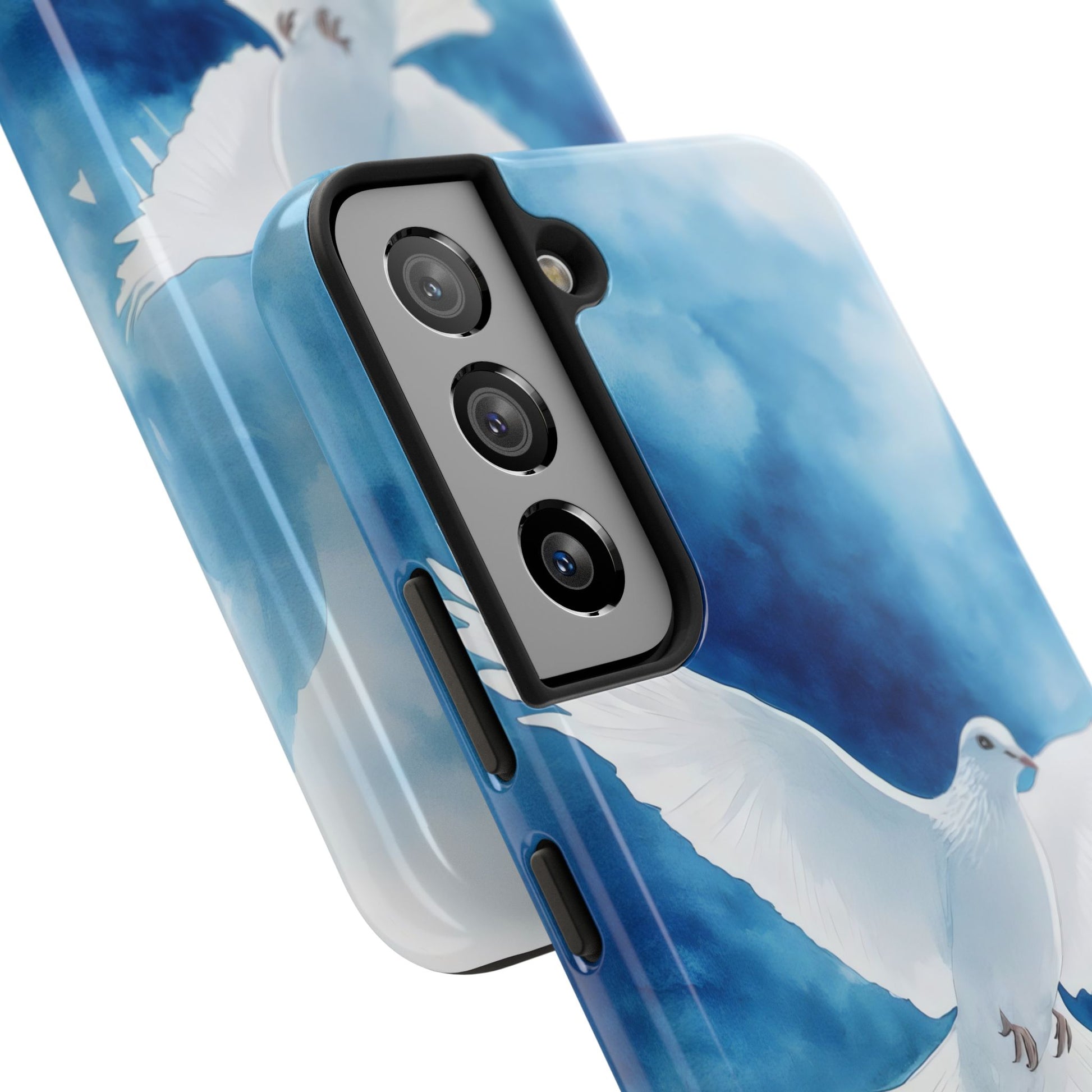 Phone case with white dove illustration and blue sky background, faith-inspired design