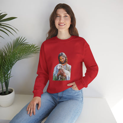 Woman in red Christian sweatshirt with Jesus and lamb graphic, sitting by potted plant