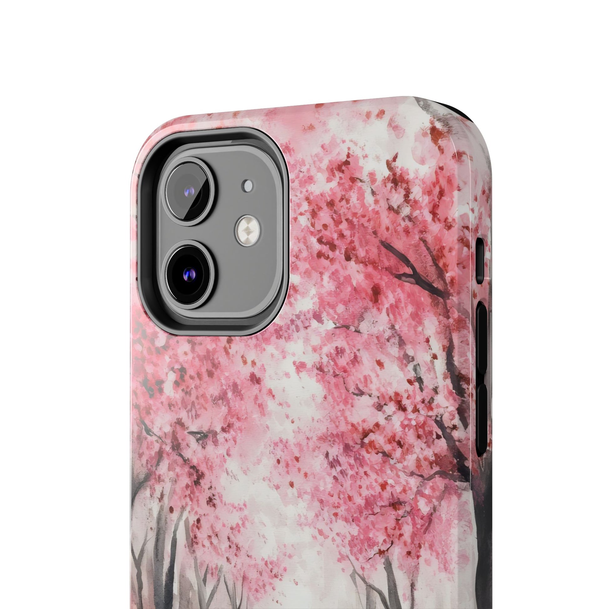 iPhone case with pink cherry blossom tree watercolor design, floral phone accessory