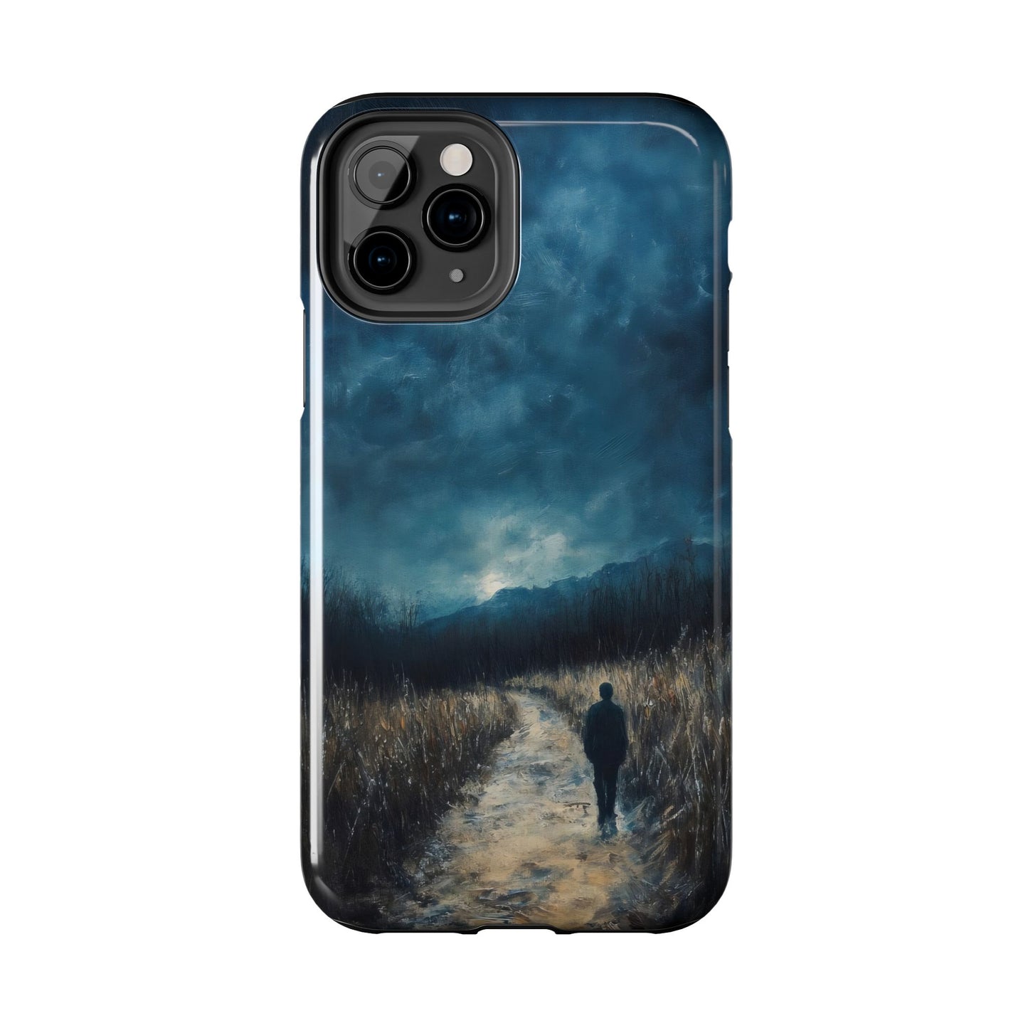Christian phone case featuring a lone figure walking on a peaceful path under a moody sky